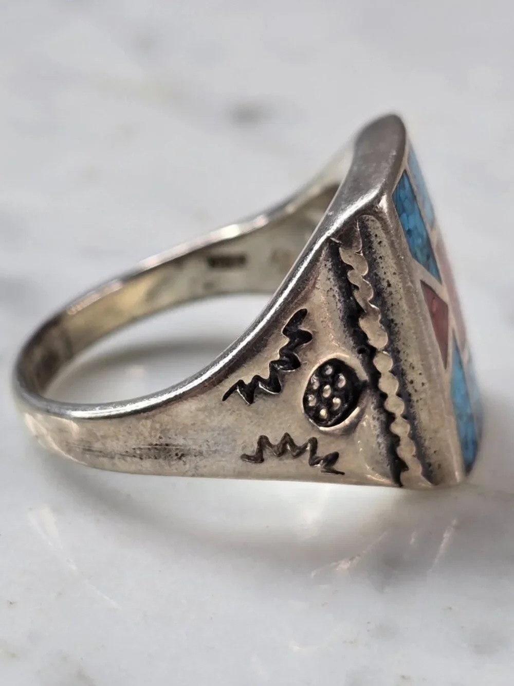 Mens Vintage Estate Sterling Silver Turquoise Coral Ring 19.5g E608